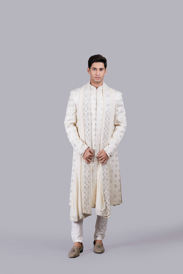 CREAM PURE SILK HAND WORK SHERWANI