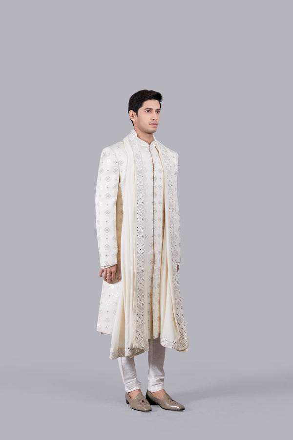 CREAM PURE SILK HAND WORK SHERWANI