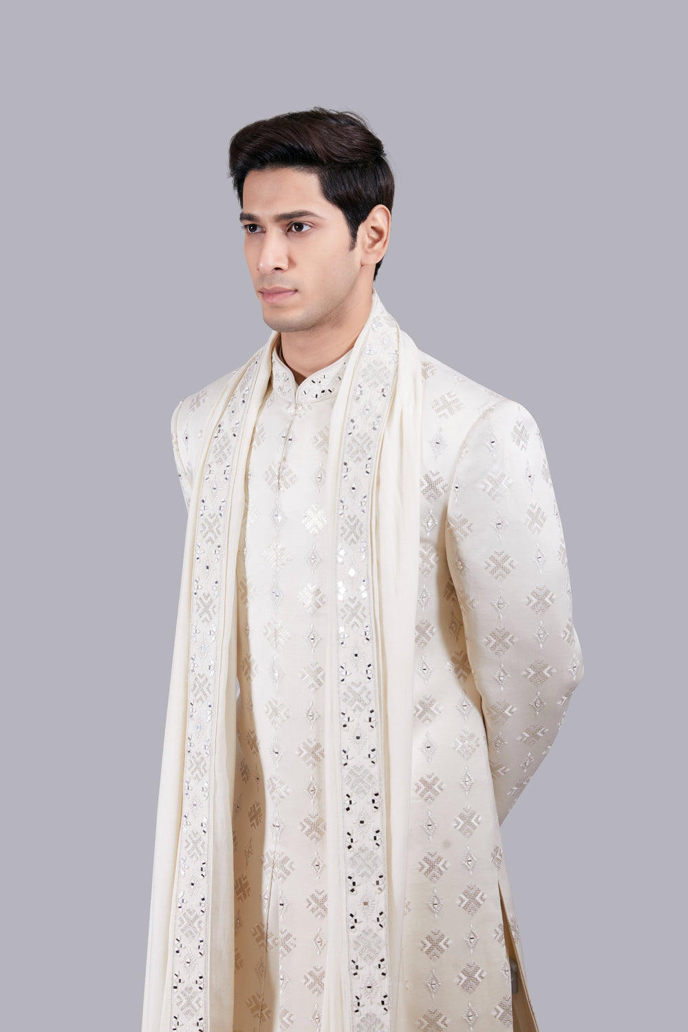CREAM PURE SILK HAND WORK SHERWANI