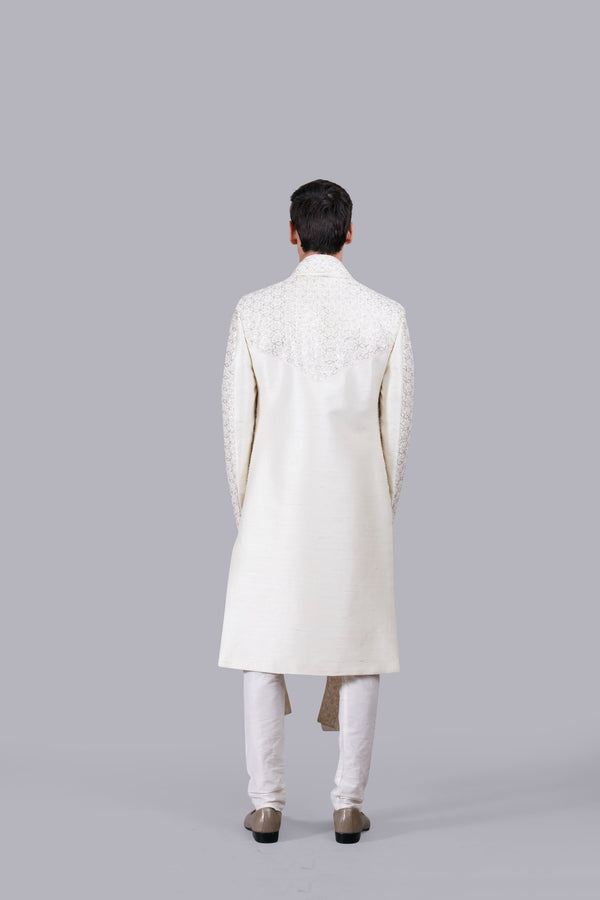 CREAM CHANDERI SILK ZARI PITTA WORK SHERWANI