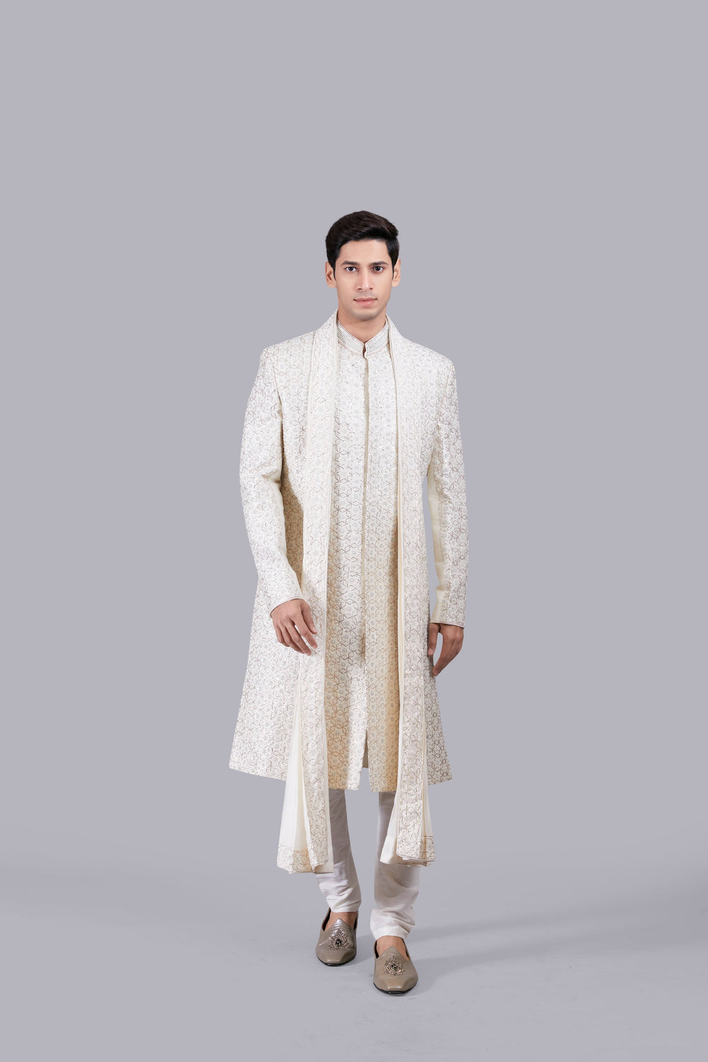 CREAM CHANDERI SILK ZARI PITTA WORK SHERWANI