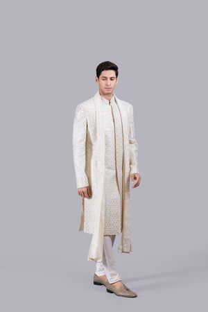 CREAM CHANDERI SILK ZARI PITTA WORK SHERWANI