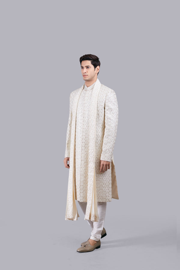 CREAM CHANDERI SILK ZARI PITTA WORK SHERWANI