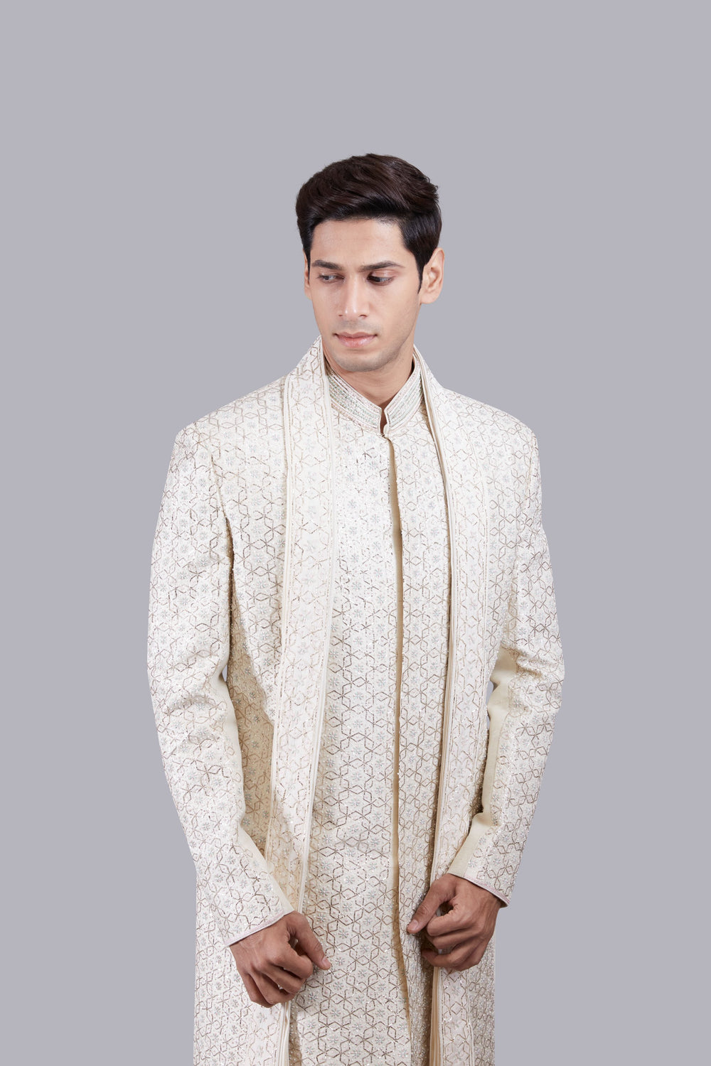 CREAM CHANDERI SILK ZARI PITTA WORK SHERWANI