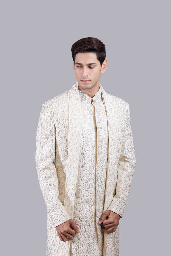 CREAM CHANDERI SILK ZARI PITTA WORK SHERWANI