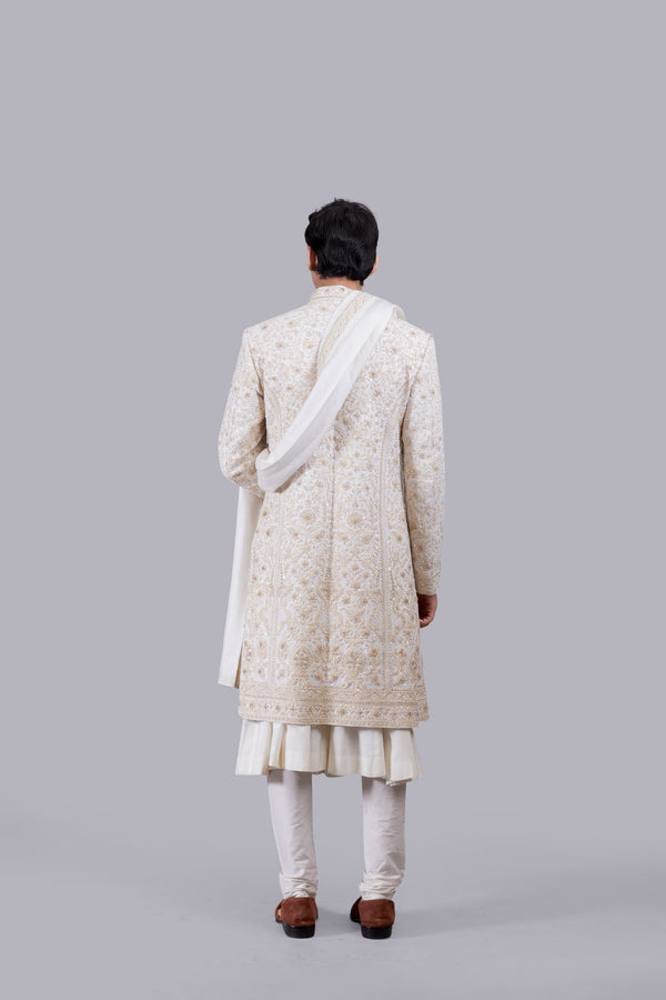 CREAM PURE BHAGALPURI SILK THREAD ARI WORK SHERWANI