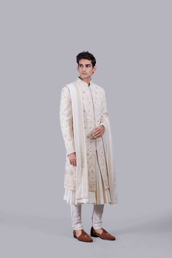 CREAM PURE BHAGALPURI SILK THREAD ARI WORK SHERWANI