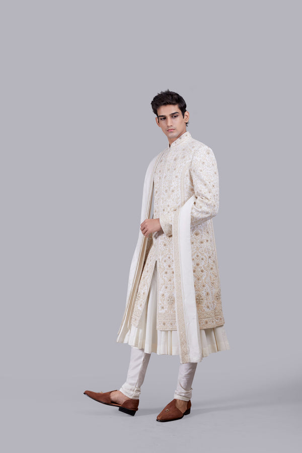 CREAM PURE BHAGALPURI SILK THREAD ARI WORK SHERWANI