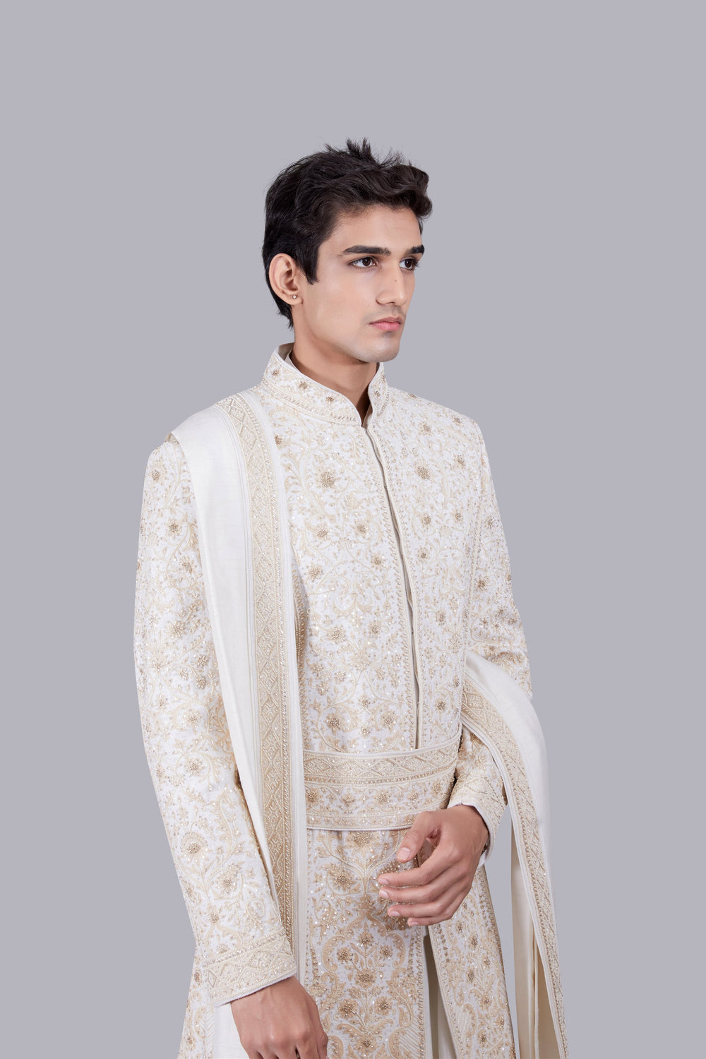 CREAM PURE BHAGALPURI SILK THREAD ARI WORK SHERWANI