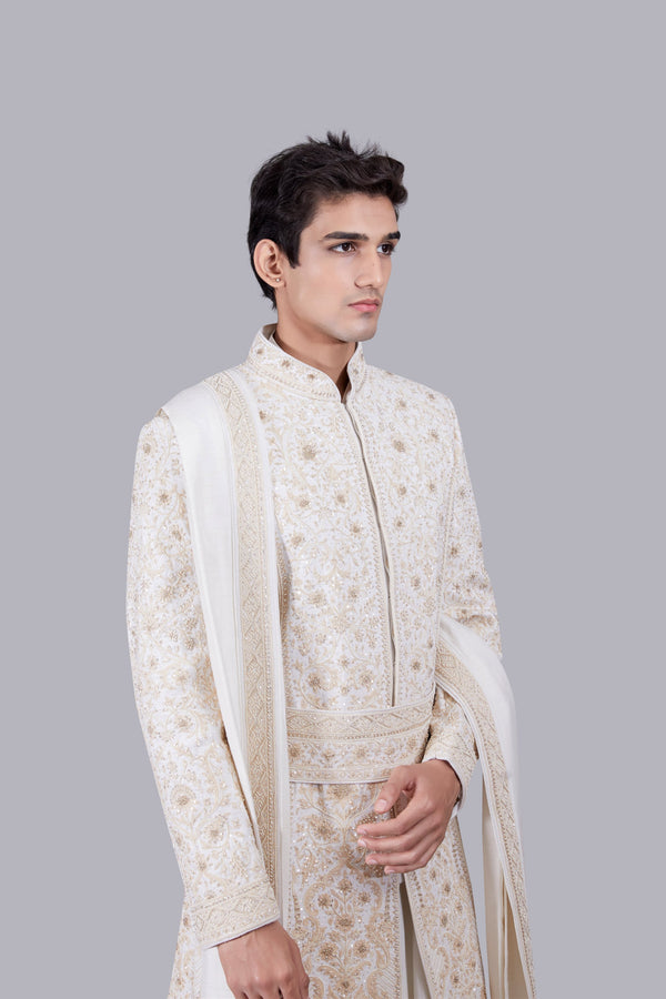 CREAM PURE BHAGALPURI SILK THREAD ARI WORK SHERWANI