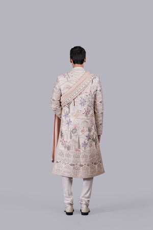 BEIGE PURE BANARASHI SILK HAND WORK SHERWANI