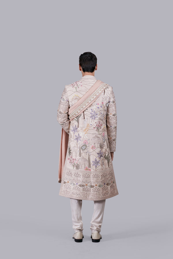 BEIGE PURE BANARASHI SILK HAND WORK SHERWANI