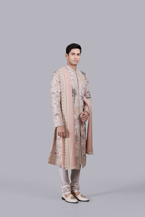 BEIGE PURE BANARASHI SILK HAND WORK SHERWANI
