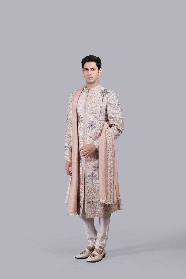 BEIGE PURE BANARASHI SILK HAND WORK SHERWANI