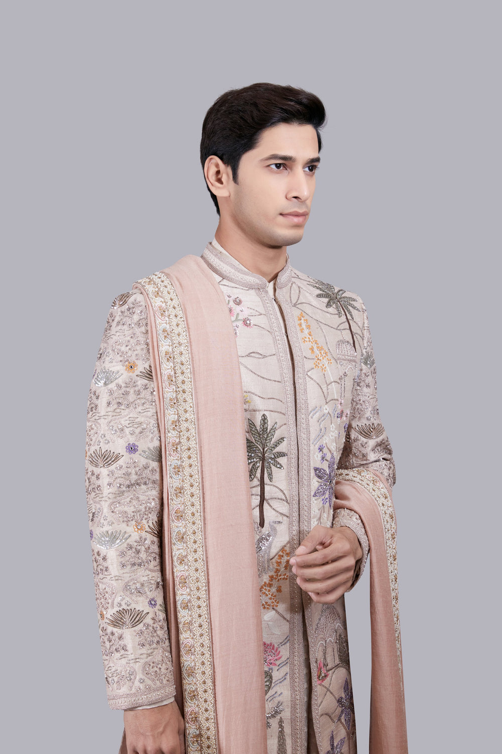 BEIGE PURE BANARASHI SILK HAND WORK SHERWANI