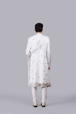 WHITE CHANDERI SILK LEATHER PATCH WORK SHERWANI