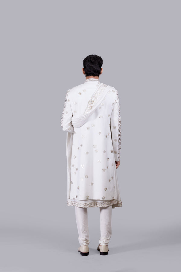 WHITE CHANDERI SILK LEATHER PATCH WORK SHERWANI