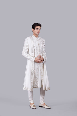 WHITE CHANDERI SILK LEATHER PATCH WORK SHERWANI