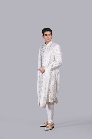 WHITE CHANDERI SILK LEATHER PATCH WORK SHERWANI
