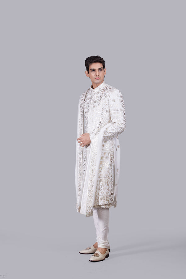 WHITE CHANDERI SILK LEATHER PATCH WORK SHERWANI