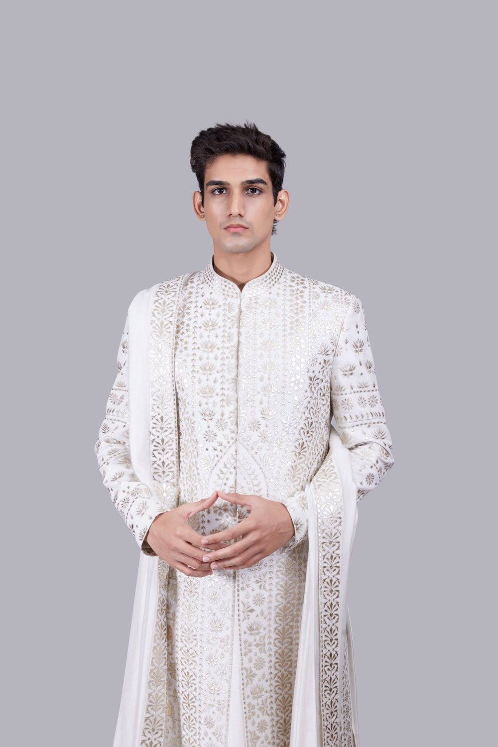 WHITE CHANDERI SILK LEATHER PATCH WORK SHERWANI