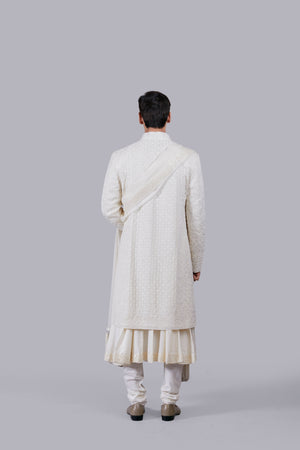 OFF WHITE PURE TISSUE SILK PEARL WORK SHERWANI