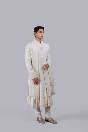 OFF WHITE PURE TISSUE SILK PEARL WORK SHERWANI