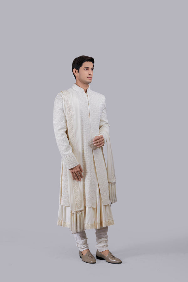 OFF WHITE PURE TISSUE SILK PEARL WORK SHERWANI