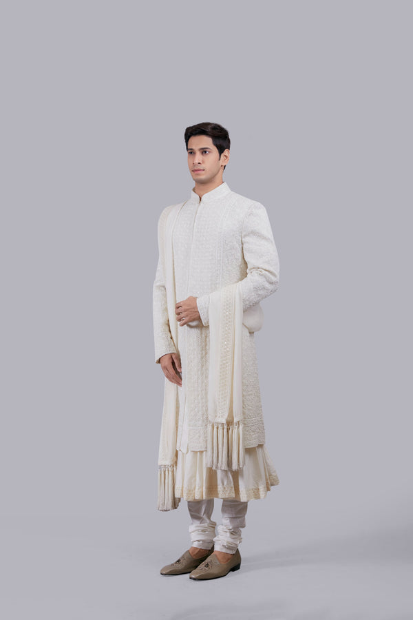 OFF WHITE PURE TISSUE SILK PEARL WORK SHERWANI