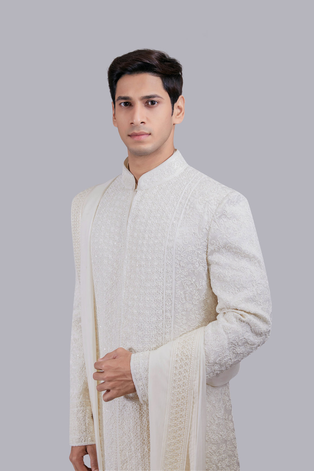 OFF WHITE PURE TISSUE SILK PEARL WORK SHERWANI