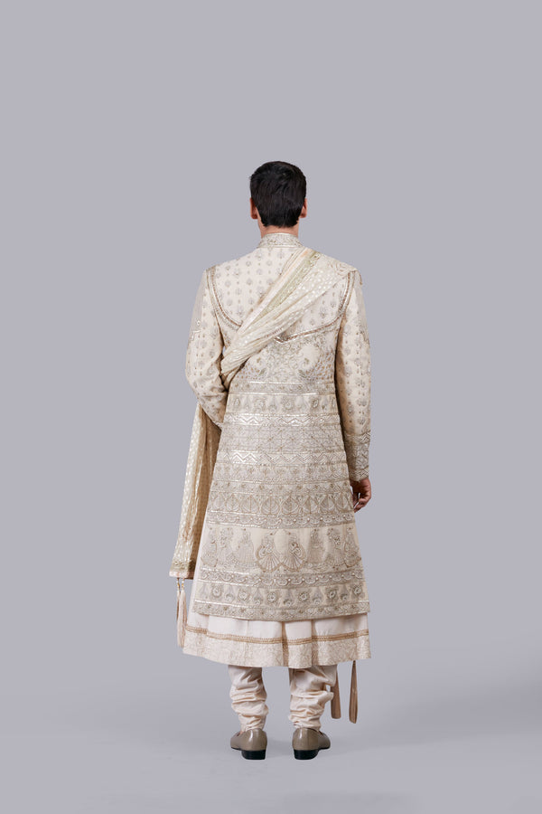 CREAM PURE BANARASI SILK HAND WORK SHERWANI
