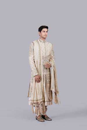 CREAM PURE BANARASI SILK HAND WORK SHERWANI