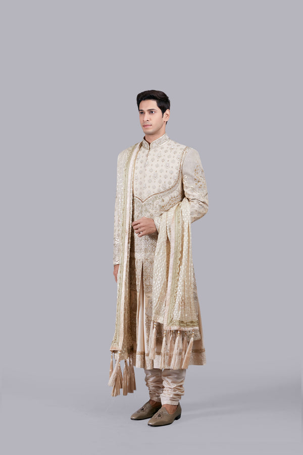 CREAM PURE BANARASI SILK HAND WORK SHERWANI