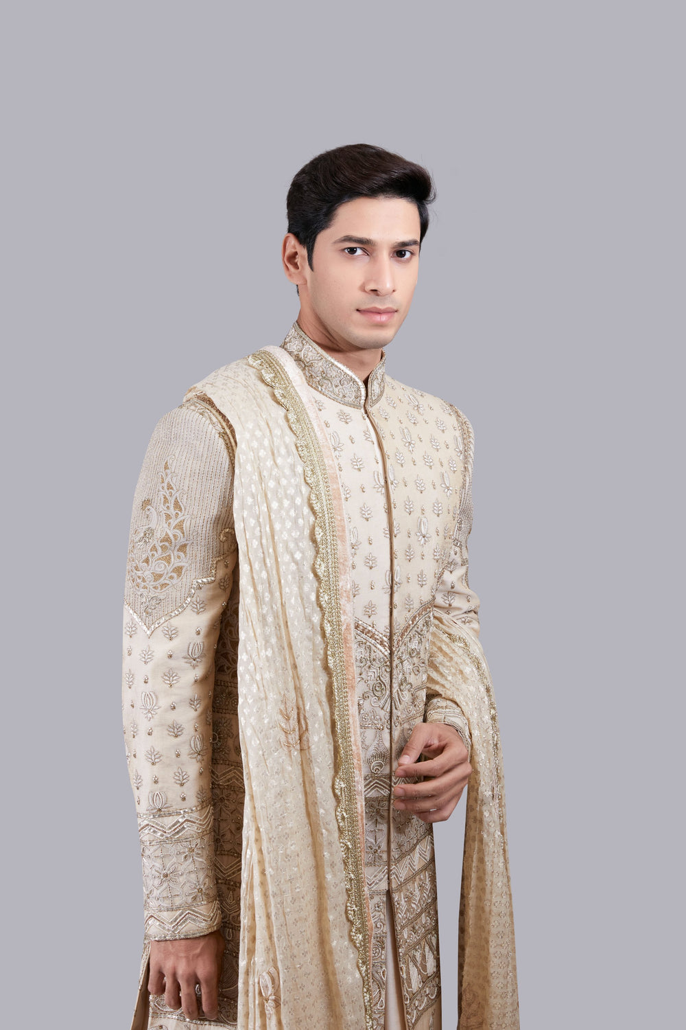 CREAM PURE BANARASI SILK HAND WORK SHERWANI