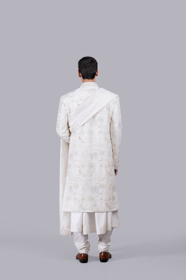 OFF WHITE GEORGETTE EMBROIDERY WORK SHERWANI