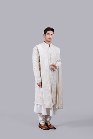 OFF WHITE GEORGETTE EMBROIDERY WORK SHERWANI