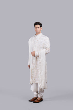 OFF WHITE GEORGETTE EMBROIDERY WORK SHERWANI