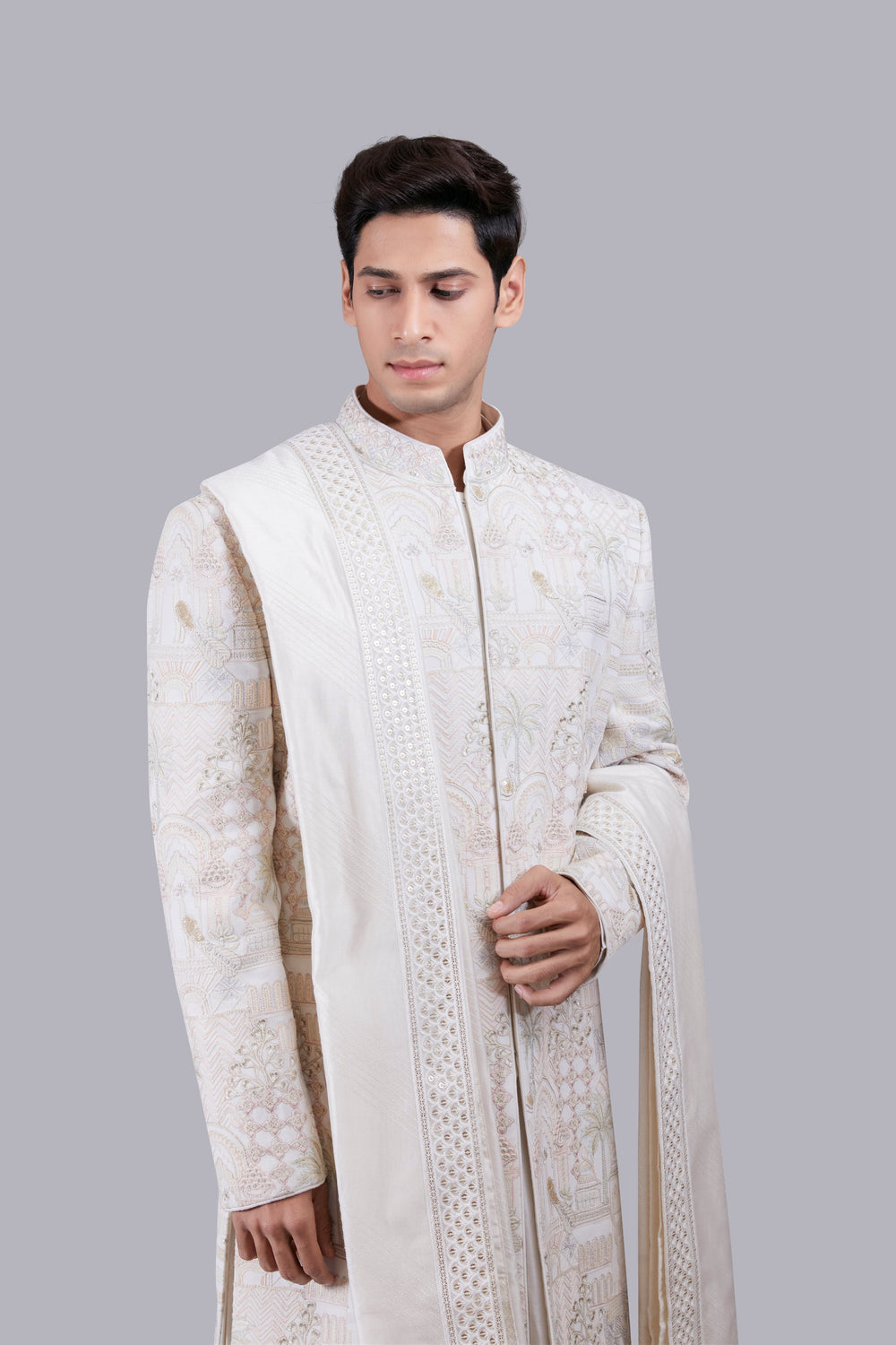 OFF WHITE GEORGETTE EMBROIDERY WORK SHERWANI