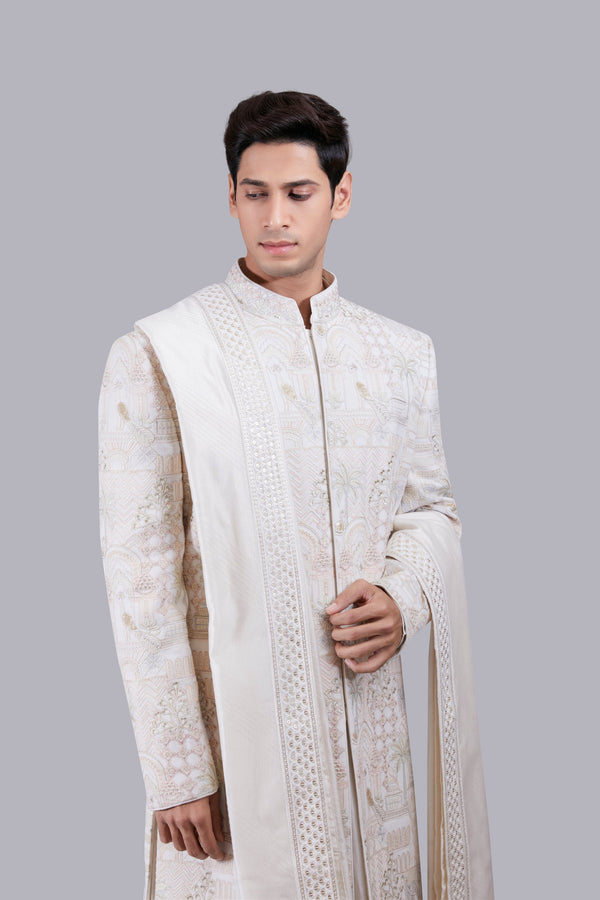 OFF WHITE GEORGETTE EMBROIDERY WORK SHERWANI