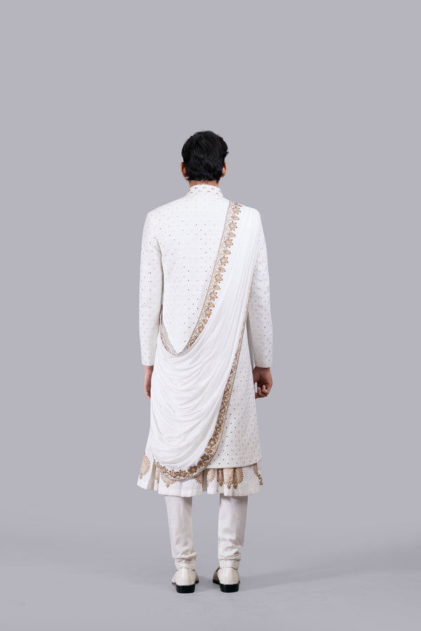 OFF WHITE CHANDERI SILK LUCKNOWI WORK SHERWANI