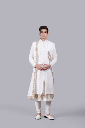 OFF WHITE CHANDERI SILK LUCKNOWI WORK SHERWANI