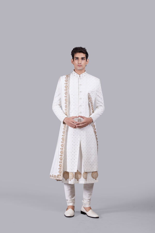 OFF WHITE CHANDERI SILK LUCKNOWI WORK SHERWANI