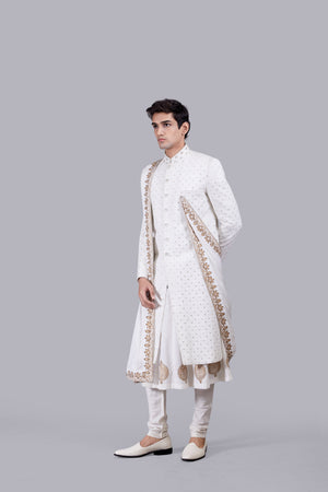 OFF WHITE CHANDERI SILK LUCKNOWI WORK SHERWANI