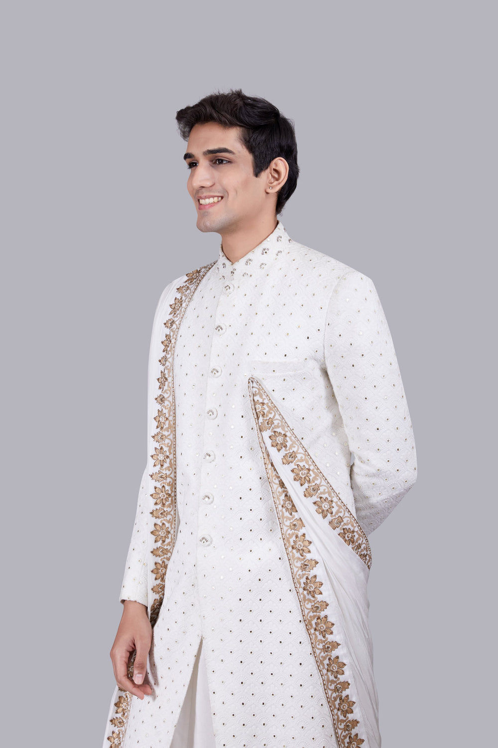 OFF WHITE CHANDERI SILK LUCKNOWI WORK SHERWANI
