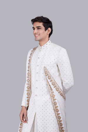 OFF WHITE CHANDERI SILK LUCKNOWI WORK SHERWANI