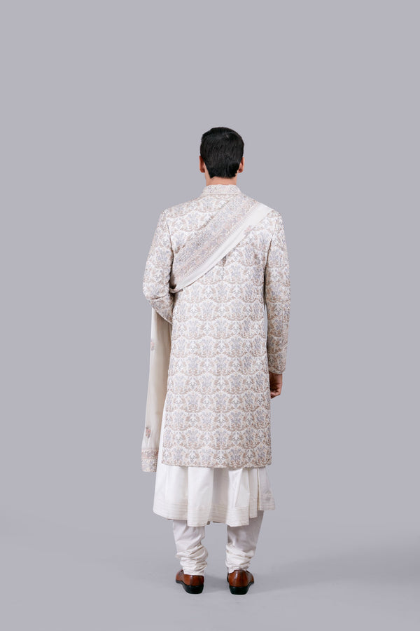 OFF WHITE PURE SILK THREAD WORK SHERWANI