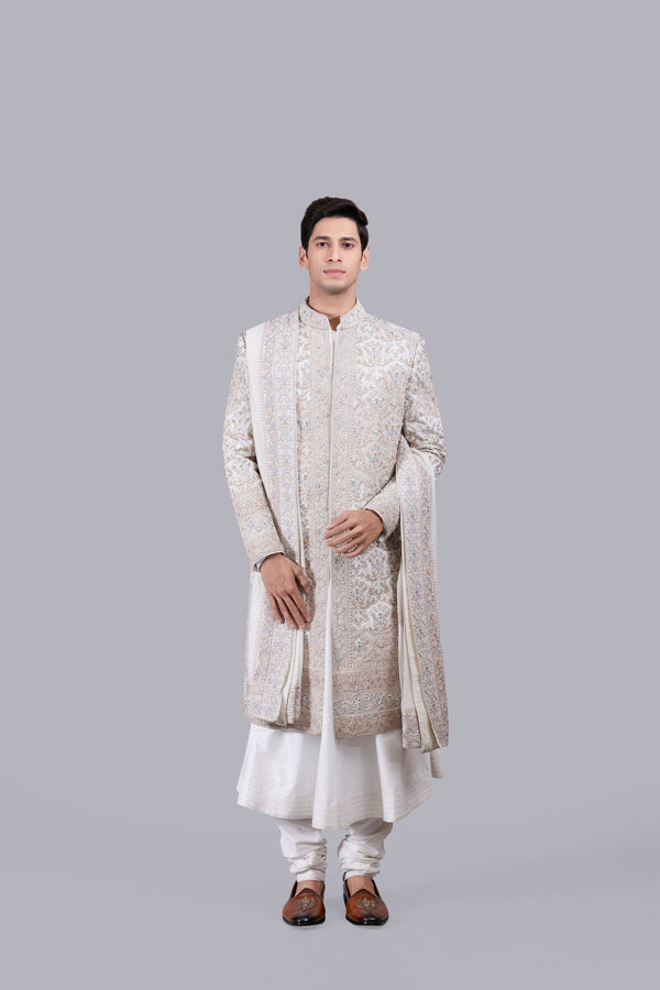 OFF WHITE PURE SILK THREAD WORK SHERWANI
