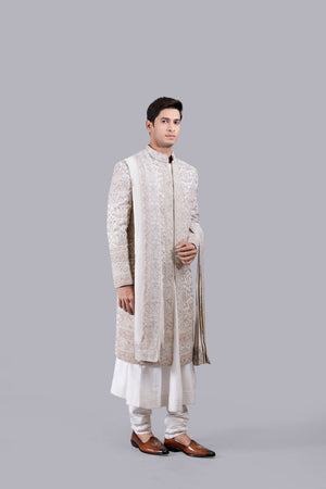 OFF WHITE PURE SILK THREAD WORK SHERWANI