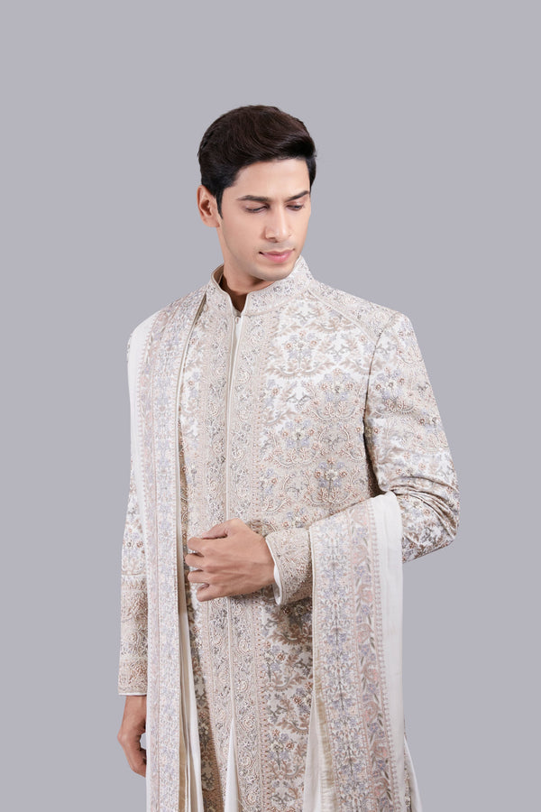 OFF WHITE PURE SILK THREAD WORK SHERWANI