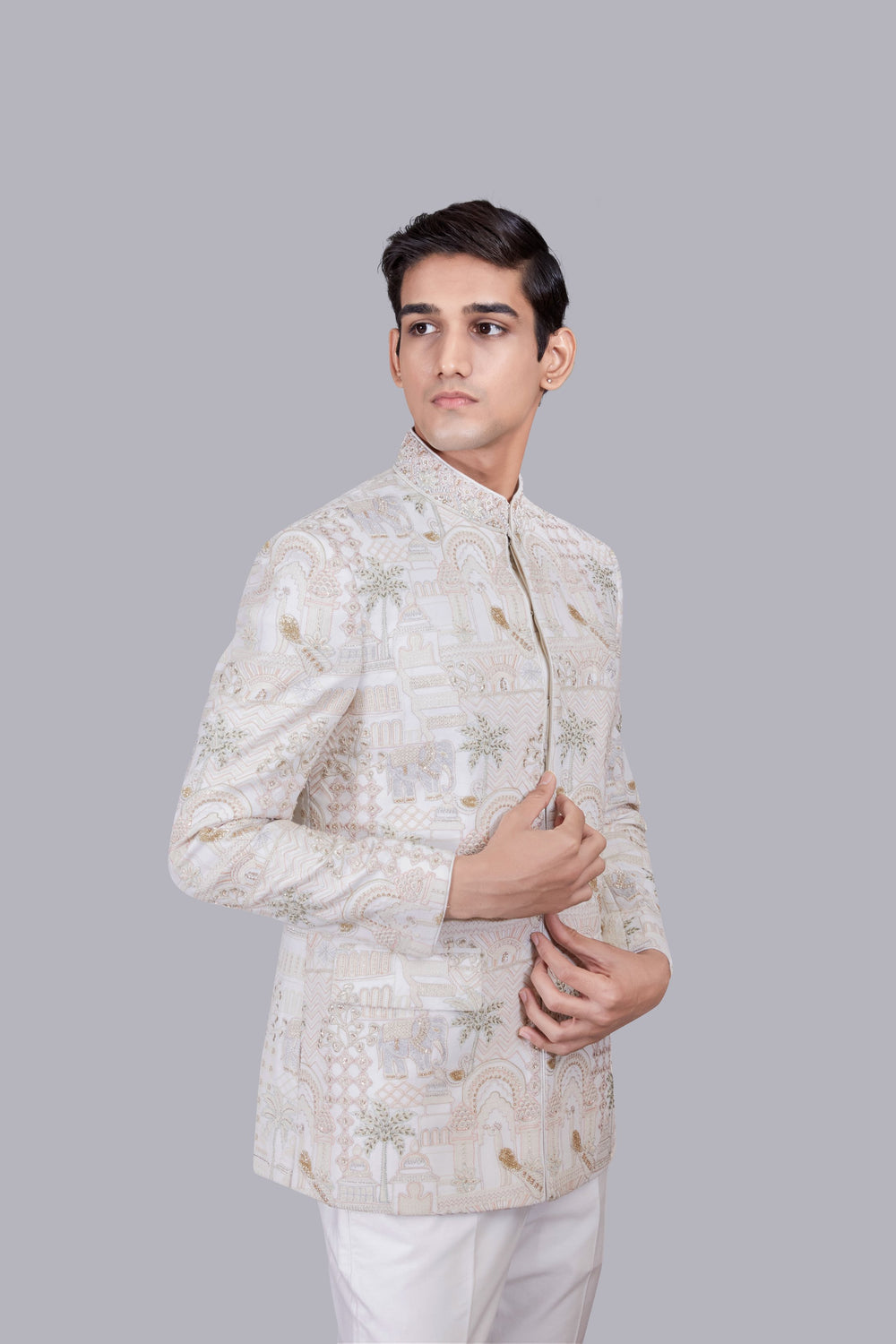 CREAM PURE GEORGETTE PEARL WORK JODHPURI